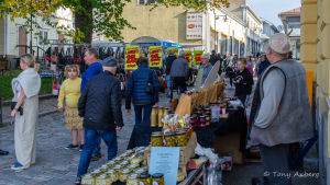Runt 35 försäljare deltog i stortorget på lördagen. En gågata fylld med människor.
