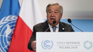 FN:s generalsekreterare António Guterres. FN:s generalsekreterare Antonio Guterres talar vid klimatkonferensen i Katowice.