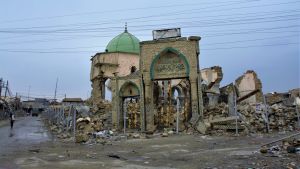 Den symboliskt viktiga Al-Nurimoskén där IS utropade kalifatet. Den sönderbombade Al-Nurimoskén i Mosul