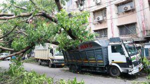 En lastbil i Calcutta ligger under ett träd som har fallit i stormen Amphan. En lastbil i Calcutta ligger under ett träd som har fallit i stormen Amphang.
