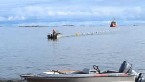 Ett skepp kommer lastat med en sjökabel. Fartyg anländer med sjökabeln vid Regattastranden i Hangö.