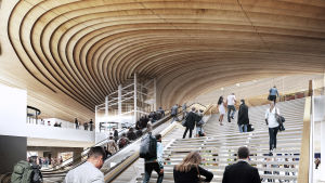 Huvudtrappan som går från ankomstterminalen upp till avgångsterminalen i terminal 2. En visualisering av den förnyade huvudtrappan i terminal 2 vid helsingfors-vanda flygplats.