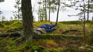 Att ligga under ett träd var så häftigt att vi tar det en gång till. Sarah Grönstrand ligger raklång under en tall. Många knotiga rötter syns på marken.