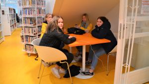 Iida Lehtinen, Susanna Vainikka, Moona Lindberg och Fanny Sarkonen hänger på biblioteket varje dag efter skolan. Fyra flickor vid ett bord.