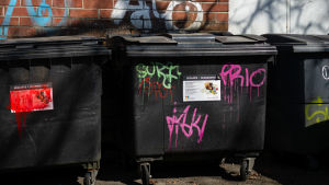 Sopkärl i Borgå centrum. Enligt Alexandr Foy kan de här taggarna kanske accepteras, medan de som finns på byggnader inte är okej. Svarta sopkärl som blivit sprayade med grön, röd och rosa färg.