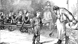 Charles Dickens Oliver Twist oliver twist står vid grytan i barnhemmet och frågar efter mera mat i charles dickens roman med samma namn.
