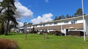 Det finns också en radhuslänga i närheten av fabriken. I det här området planeras småhus, även de byggs längre in i framtiden. En vit radhuslänga i Pickala i Sjundeå.