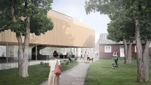 Tävlingsbidraget Albertin kulma vill fungera som en mötesplats i staden. teckning av byggnader och människor i parkområde