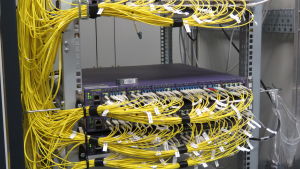 Så här kan det se ut i serversalarna dit fiberkablarna kopplas. Många, gula. spagettiliknande band i knippen i ett el-skåp.