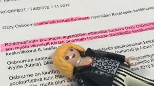 Pressmeddelandet om Ozzys Hyvinge-besök. Pressmeddelandet för Ozzys "sista" gig på rockfest 2018 med understreckning och Playmobil-gubbe som ligger på pappret.
