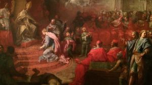 Angelo Trevisani: Allegori över drottning Kristinas underkastelse inför katolska kyrkan och påven Alexander VII Angelo Trevisani: Allegori över drottning Kristinas underkastelse inför katolska kyrkan och påven Alexander VII