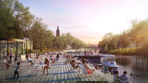 En av idéerna är att bygga kajer och caféer längs med ån. Vision över hur kvartert kring Domkyrkan i Åbo kan se ut i framtiden.