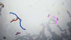 De vägar som står i tur att få ny beläggning är markerade på kartan. Karta över Östnyland, färggrannt markerade stäckor längs Söderkullavägen och några sträckor i Borgå.