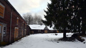 Hästkliniken ska inhysas i byggnaden till vänster och stallet kommer i det gamla fähuset rakt fram. Gammal uthusrad och fähus. Wahlrooska hemmanet som ska bli hästsportcenter.