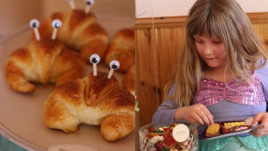 Förra året var det sjöjungfrutema på Fannys kalas. Till vänster croissanter med plastögon, till höger Fanny i klänning med godsaker på fatet