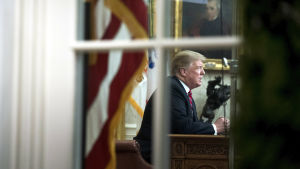President Donald Trump i Ovala rummet. Donald Trump ses i Ovala rummet på en bild tagen utifrån, genom ett fönster.