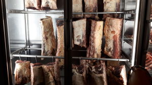 Restaurangen Meat District i Borgå har avtal med en gård i regionen som levererar ekologiskt nötkött året runt. Nötkött som hänger på rad i ett torrskåp.