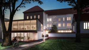 Så här kunde vyn från Runebergsparken mot finska församlingshemmet se ut i fortsättningen. Där församlingens sopkärl finns nu skulle man bygga ett hus i två våningar som skulle vara ungdomslokal. Man skulle också bygga en skild sal inne på gården. En illustration av hur en eventuell tillbyggnad till finska församlingshemmet i Borgå kan se ut. En ung cyklist kommer cyklande från Runebergsparken mot en fyrkantig byggnad med stora fönster som ligger intill församlingshemmet.