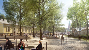 En tanke hur korsningen av Fabriksgatan och Biskopsgatan i närheten av Arken vid Åbo Akademi kunde se ut i framtiden. Vision över hur akademikvarteret kunde livas upp i framtiden.