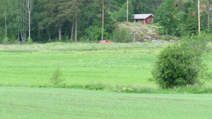 Ungefär där som du ser den röda bilen köra längs en sandväg, ska det byggas radhus. Det här är i Västerkulla i Ingå. Ett stort grönt fält. Långt bak ser man ett rött hus uppe på ett berg och en väg (man ser inte vägen på grund av allt gräs) där det kör en röd bil.