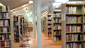 Böckerna dominerar fortfarande på biblioteket. En rad med bokhyllor i ett bibliotek. Orange plastmatta på golvet.