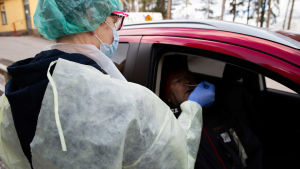 Fönstret ner och stickan in. Arkivbild från drive-in-mottagningen i Näse. En skötare i skyddskläder sticker in en provtagningssticka i näsan på en man som sitter i en bil.