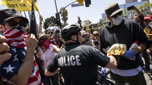 Utanför stadshuset i Los Angeles förekom en del sammandrabbningar mellan polis och demonstranter. Copyright EPA Utanför stadshuset i Los Angeles förekom en del sammandrabbningar mellan polis och demonstranter.