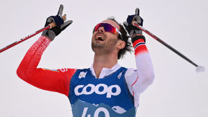 Den här gesten fick Hans Christer Holund förklara bakgrunden till. Hans Christer Holund firar VM-guld.