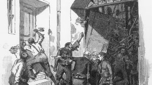 Böhmiska hantverkare plundrar en fabrik. Trägravyr från 1840-talet. trägravyr föreställande maskinplundrare i 1800-talets Böhmen.