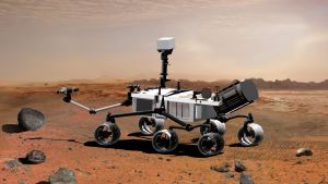 Finländsk rymdteknologi in action på Mars. Marsrovern Curiosity på Mars. Konstnärens uppfattning av hur den ser ut.
