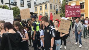 Demonstranter med skyltar där det bl.a. står "30-talet ringde, de vill ha tillbaka sin politik"