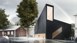 Så här såg den vinnande ritningen av Kronan ut. teckning av modern byggnad bredvid äldre stuga