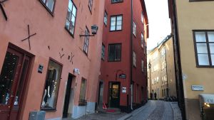 På 1500-talet lät svenskan i Gamla stan i Stockholm lite som närpesiskan. Trång kullerstensgata i Gamla stan i Stockholm, med rosa och rött hus.