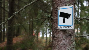 Idag har Ellfolk kameraövervakning på området för att skydda sig mot inbrottstjuvar. En skylt om kameraövervakning är fastskruvad på ett träd.