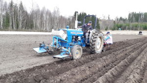 Här på traktorn funderar Ruslan Klymyk på hur arbetet med potatis och jordgubbar kunde förbättras. Ruslan Klymyk kör en traktor som sätter potatis på en åker i Ingå.