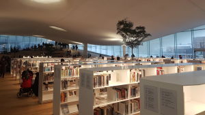 Efter intervjun besökte vi biblioteket Ode i Helsingfors. Vi tyckte att det såg ut som att de hade tänkt mycket på ungdomarnas trivsel eftersom där fanns många lugna ställen där man kunde sitta och läsa. Bokhyllor i centrumbiblioteket Ode