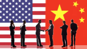 Kinesiska och amerikanska förhandlare försöker komma överens i handelsförhandlingarna. Animerad bild – USA och Kina möts, personer skakar hand.