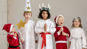 Jouluasuisia lapsia: tonttuja, enkeli, tiernapoika ja Lucia-neito.