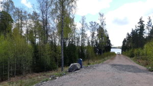 Till vänster om vägen byggs det småhus på Marsudden i Sjundeå då delgeneralplanen är godkänd. De här tomterna är inte strandtomter. Man kan gå ner längs vägen till en blivande badstrand och brygga då allt är färdigt. En väg ner till en blivande badplats på Pickala-Marsudden, där det ska byggas en brygga. Till vänster på bilden finns bara skog, där ska byggas hus på tomter.