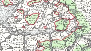 Katra över kusten i Slesvig. De röda linjerna anger kustlinjen efter stormen 1362. Den förlorade hamnstaden Rungholts position är mitt på bilden. Karta över kusten i Slesvig.