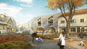 Arkitektens vision över Arthouse. De nämnda balkongerna syns inte på bild, utan finns bakom fasaden. Skiss, Arthouse på Köpmansgatan.