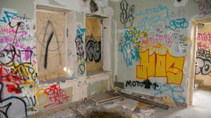 Mycket arbete med reparationer återstår innan Ilkka Antikainen kan bedriva verksamhet i pumphuset. Arkivbild. En vägg full med graffiti.