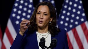 Kamala Harris tog tillfället i akt att presentera sig för den amerikanska tv-publiken. Kamala Harris står i talarstol framför amerikanska flaggor och talar under kampanjmöte i Delaware.