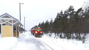 Godstågen dras ännu med diesellok på Hangö-Hyvingebanan. Ett kok kör förbi Skogby.