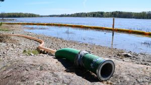 Tjocka sugslangar väntar på att användas igen. Kloakvatten har läckt ut i havet i Hammars i Borgå våren 2018