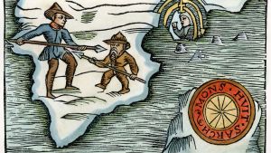Viking strider mot en inuit i ett träsnitt Olaus Magnus Historia om de nordiska folken, som utgavs första gången 1555.