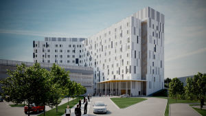 det nya H-huset blir hjärtat i den nya vårdsamkommunen. Visualisering av det nya H-huset på Vasa centralsjukhus område.