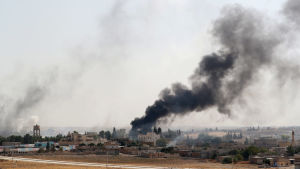 Det pågår häftiga eldstrider i den kurdkontrollerade gränsstaden Ras al-Ain, men staden har inte ännu fallit En brinnande by i kurdkontrollerade områden. Byn ses på långt håll och det reser sig svart rök från byns centrum.