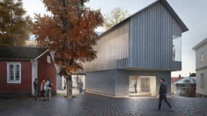 Tävlingsbidraget Anda inspireras av det omgivande byggnadsarvet och gamla traditioner. ny och äldre byggnad i stadsmiljö