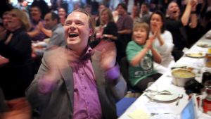 Piratpartiets ledare Rick Falkvinge jublade efter EU-valen 2009 Piratpartiets ledare Rick Falkvinge jublade efter EU-valen 2009